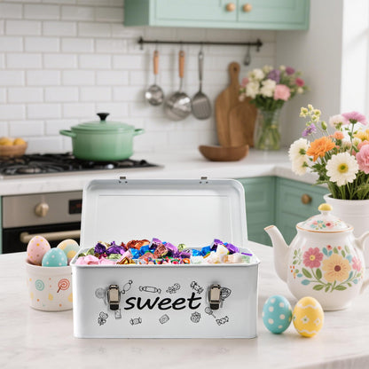 Frcctre Candy Storage Box, 4 Compartments Metal Candy Cookies Snacks Storage Tin Box with Lid Food Storage Container Farmhouse Kitchen Pantry Canister with Handle and Safety Lock