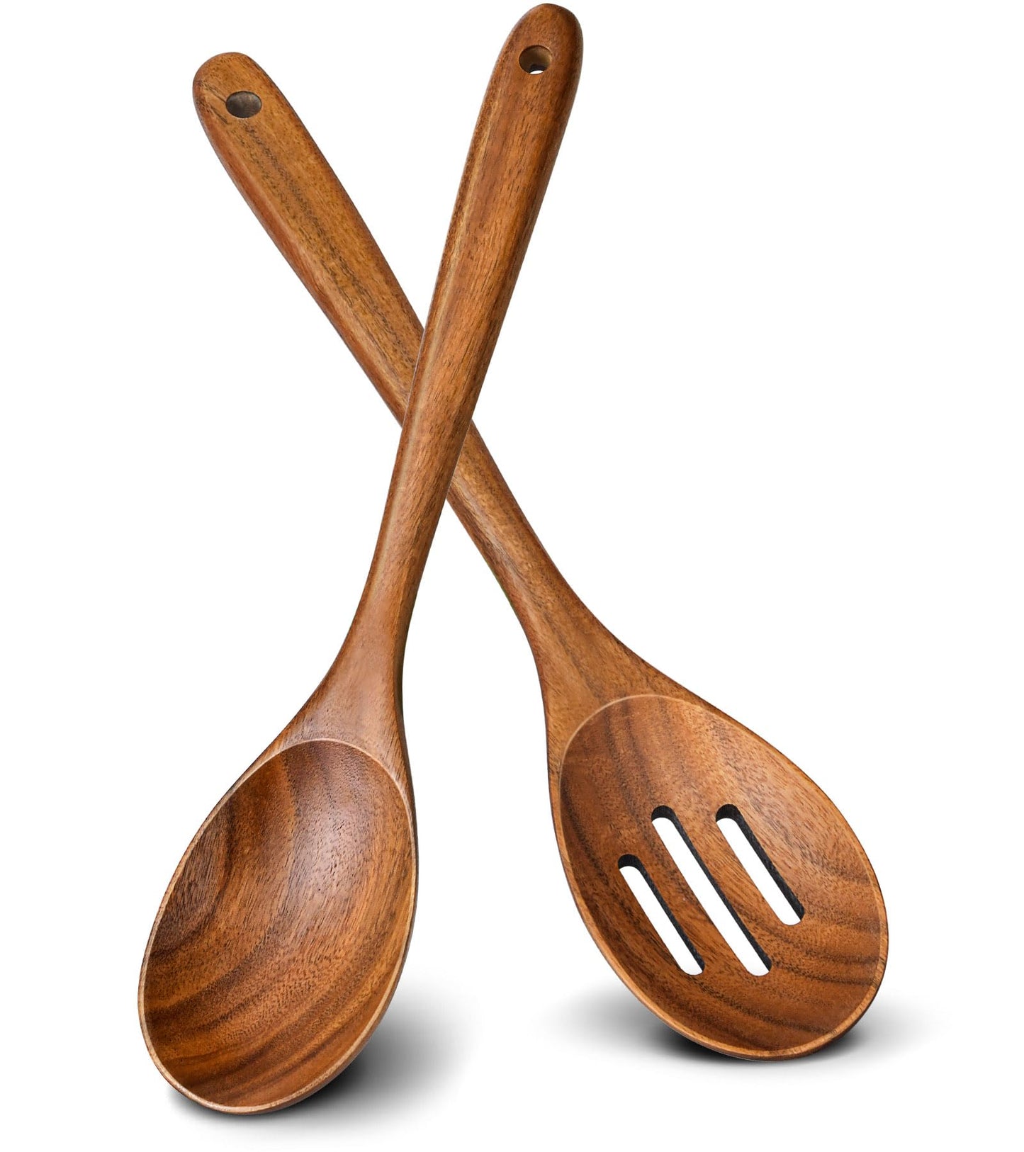 2Pcs Wooden Spoons for Cooking, Natural Premium Teak Wooden Spoon & Slotted Spoon, Good Grip Large Cooking Spoons Spatula, Heat Resistant Wooden Kitchen Cooking Utensils Set for Nonstick Cookware