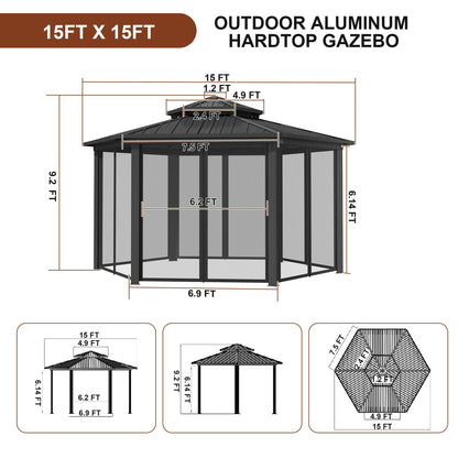 15x15FT Hexagon Hardtop Gazebo Heavy Duty Aluminum Frame Outdoor Gazebo Pergola Pavilion with Galvanized Steel Double Roof, Nettings & Ceiling Hook for Patio Backyard Deck Lawns