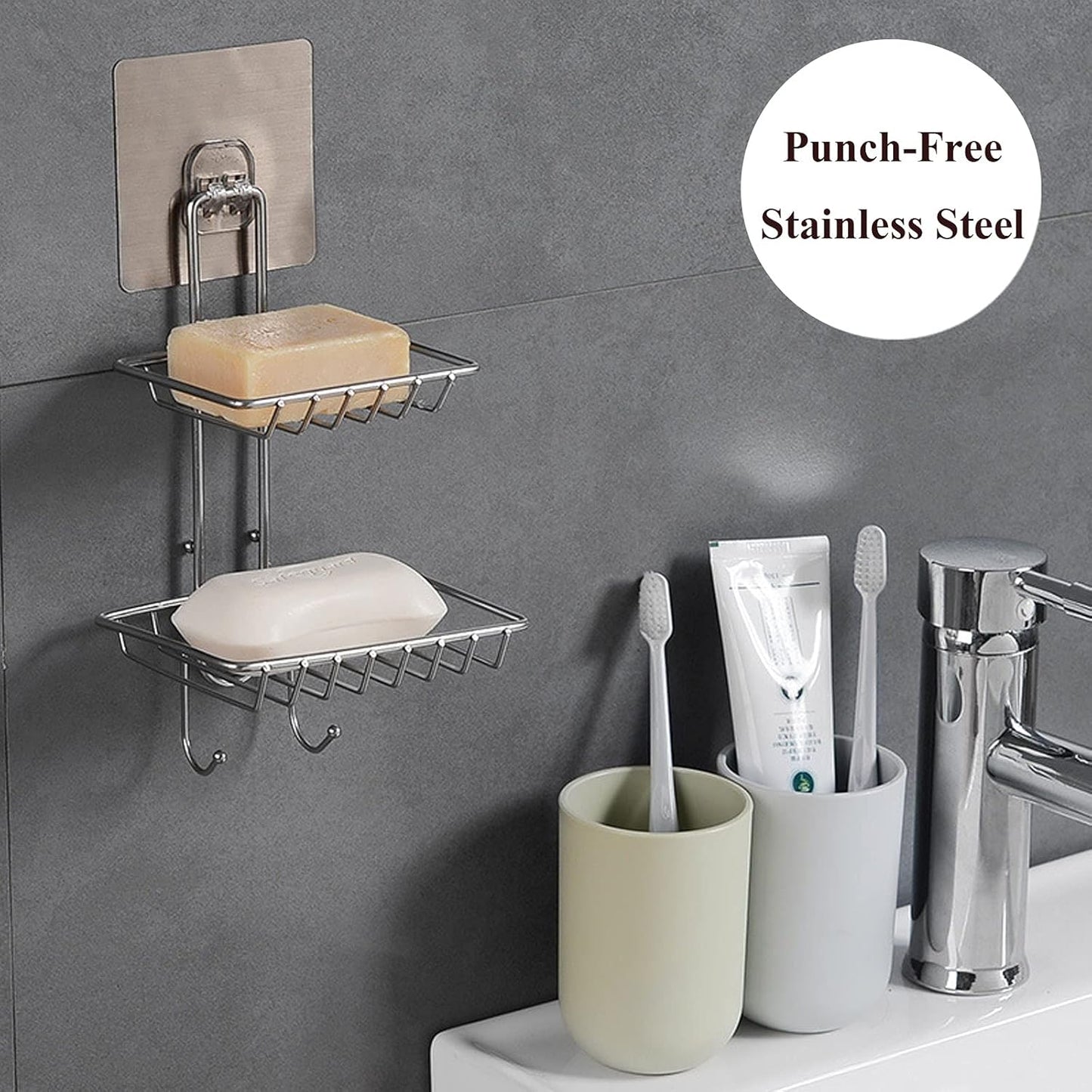 2 Tier Soap Dish with Hooks - Stainless Steel Wall Mounted Soap Holder for Shower Bathroom Kitchen, No Drilling