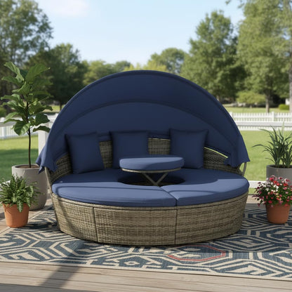 Tangkula Outdoor Round Daybed with Retractable Canopy, PE Wicker Sectional Seating Furniture with Cushions and Throw Pillows, Separates Cushioned Seats for Backyard, Poolside (Navy)