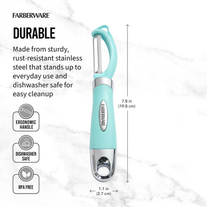 Farberware Pro2 Euro Vegetable Peeler with Ergonomic Handle, Razor-Sharp Stainless Steel Swivel Blade, Dishwasher Safe - Aqua Sky, Peelers for Kitchen Use on Potatoes, Fruits, and More