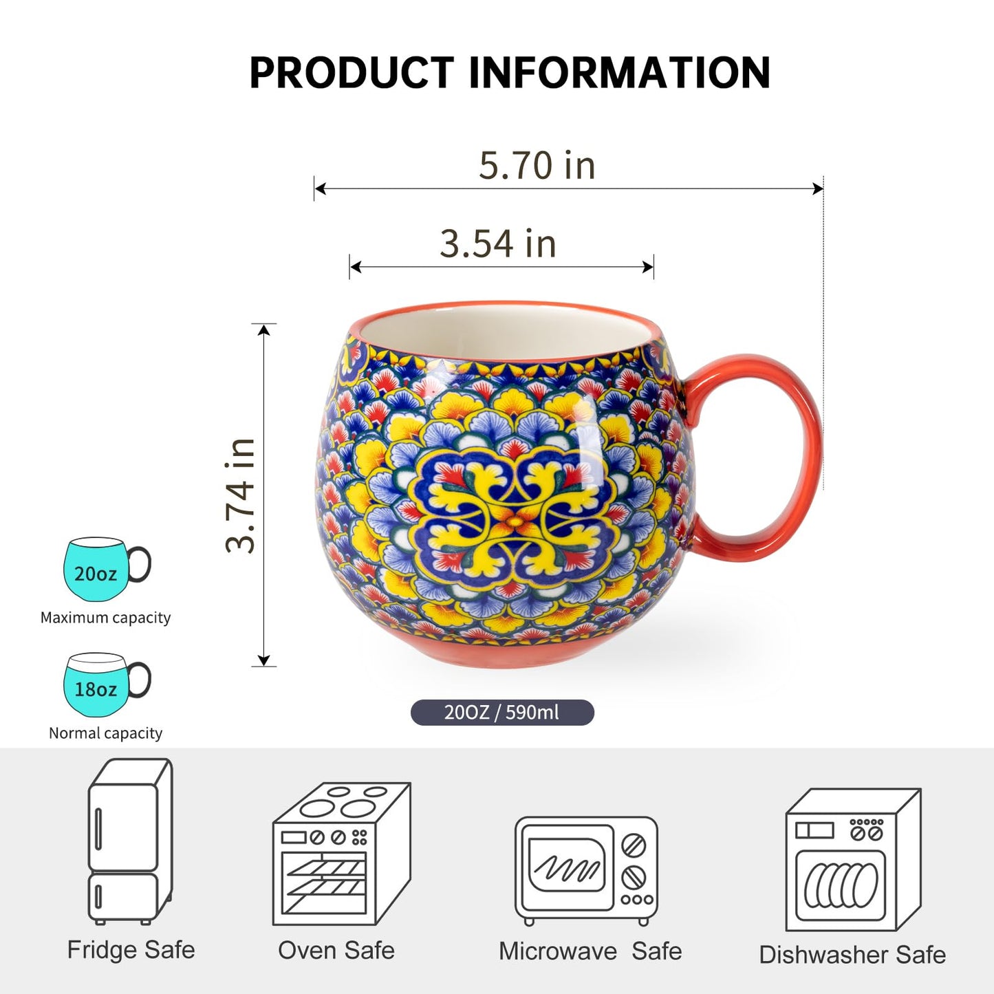 HENXFEN LEAD Boho Ceramic Coffee Mugs Set of 6 – 20 oz Large Porcelain Cups for Latte, Cappuccino, Tea, Cocoa & Soup – Microwave & Dishwasher Safe