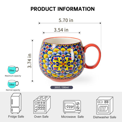 HENXFEN LEAD Boho Ceramic Coffee Mugs Set of 6 – 20 oz Large Porcelain Cups for Latte, Cappuccino, Tea, Cocoa & Soup – Microwave & Dishwasher Safe
