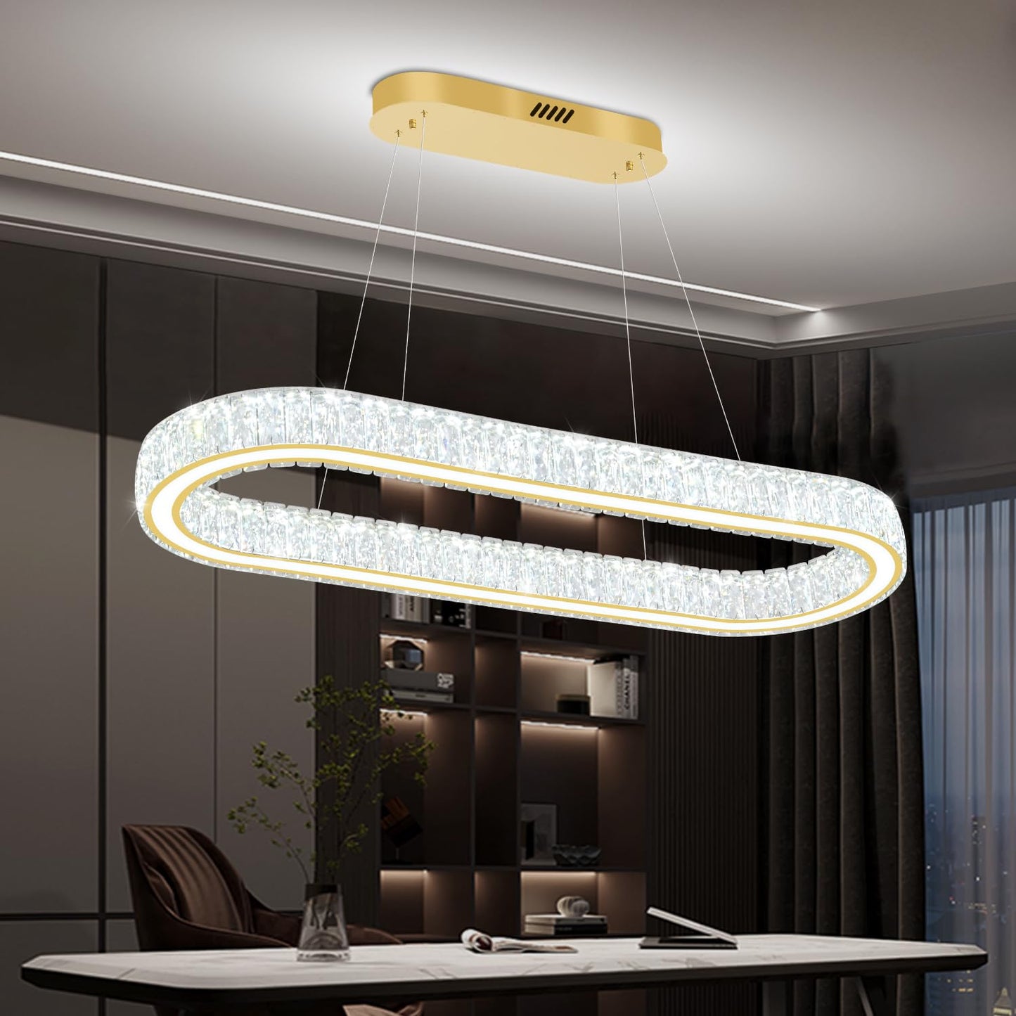 IDEQUY Gold 40in Crystal Ring Chandeliers for Dining Room Dimmable Linear Oval Crystal Ring Pendant Light for Kitchen Island 1 Linear Chandelier LED Acrylic Pendant Lighting