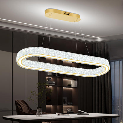 IDEQUY Gold 40in Crystal Ring Chandeliers for Dining Room Dimmable Linear Oval Crystal Ring Pendant Light for Kitchen Island 1 Linear Chandelier LED Acrylic Pendant Lighting