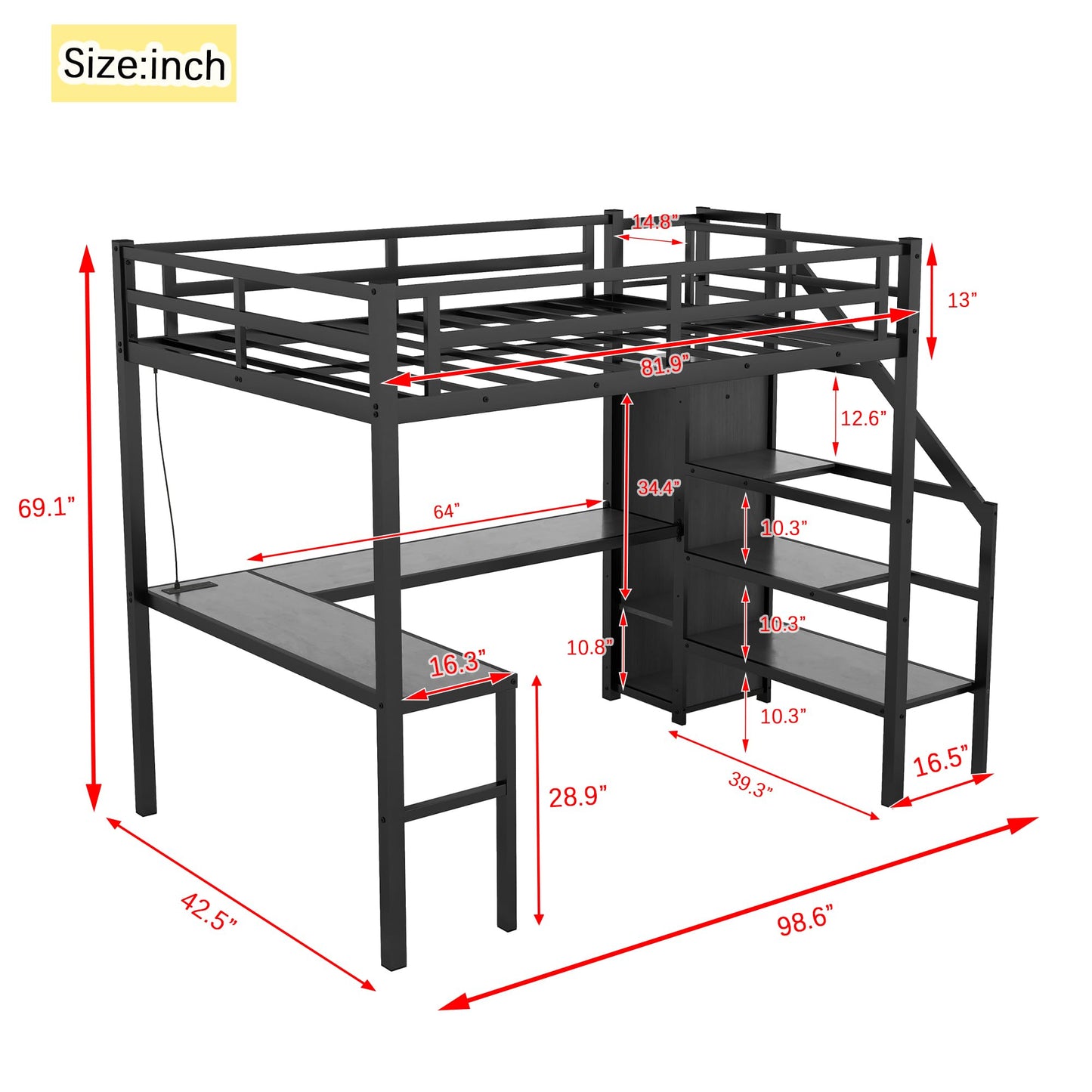 Heavy Duty Metal Loft Bed with Twin XL Size, Desk, Wardrobe & Storage Stairs, LED Charging Station, Space Saving for Kids, Teens & Adults - Black