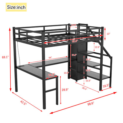 Heavy Duty Metal Loft Bed with Twin XL Size, Desk, Wardrobe & Storage Stairs, LED Charging Station, Space Saving for Kids, Teens & Adults - Black