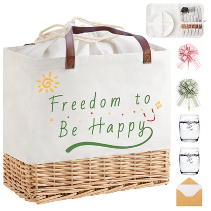 WeaveNove Wicker Picnic Basket for 2 Person, Folding Picnic Basket Set with Waterproof Lining,Canvas and Willow Picnic Hamper with Utensils，for Outdoor, Camping, Beach，Wedding Gifts