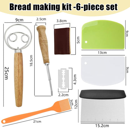 Jierjiaas Danish Dough with Sourdough Scoring Tool-Bread Whisk Set of 6 Pieces-Dough Hook,Dutch Whisk,Bread Lame,Bench Scraper & Pastry Brush Bread Making Tools and Baking Supplies
