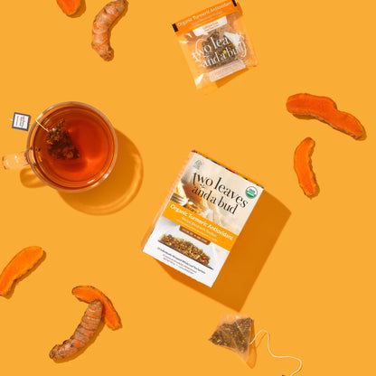 Two Leaves and a Bud Organic Turmeric Tea, Naturally Caffeine Free, Whole Leaf Herbal Tea in Sachets, 15 Count (Pack of 6)