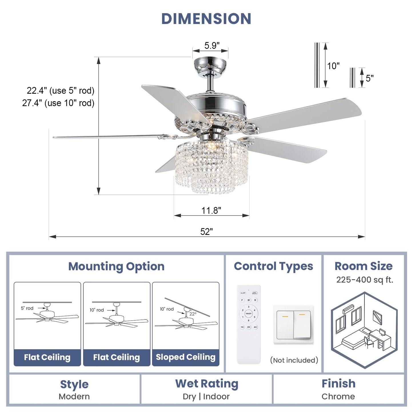CROSSIO 52 Inch Crystal Ceiling Fan with Light and Remote Control, Modern Chandelier Fan with 5 Reversible Wood Blades Chrome Fandelier for Living Room Bedroom (Fine line Crystal-Ceiling Fan)