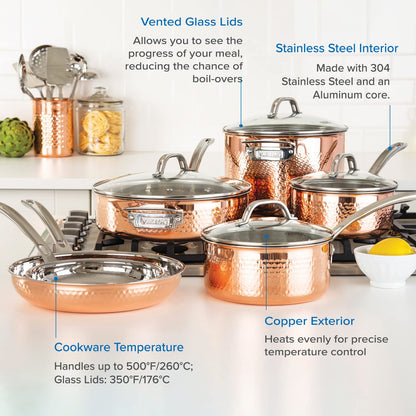 Viking Culinary 3-Ply Stainless Steel Hammered Copper Clad Cookware Set, 10 Piece, Oven Safe & Culinary 304 Stainless Steel Kitchen Utensil Set, Ergonomic Stay-Cool Handles