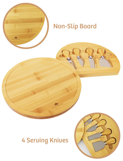 RoyalHouse Bamboo Round Cheese Board and 4 Knives Set with Slide-Out Cutlery Drawer - Charcuterie Boards Set - House Warming Gifts New Home, Wedding Gifts for Couple 2025, Bridal Shower