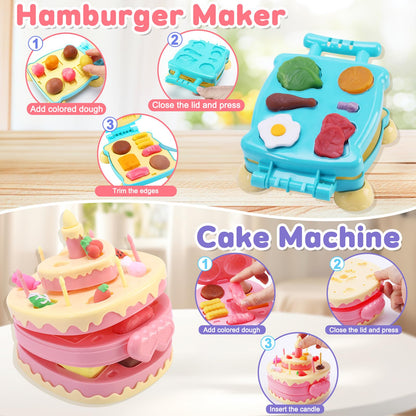 Crelloci 4 in 1 Color Dough Kitchen Creations Set, Ice Cream Noodle Hamburger Cake Maker Machine, Art Crafts Food Modeling Play Toys, Tools Kit for Boys Girls Kids Toddlers Ages 3+ (24 Colors Dough)