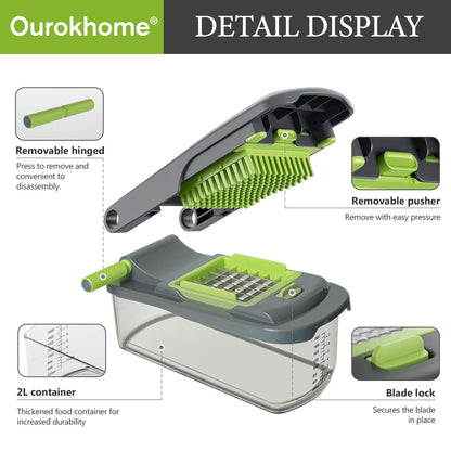 Ourokhome Vegetable Chopper Cutter with Container, Manual Hand Food Veggie Dicer with 2 Chopping Blades for Potato Strips, Onion Cubers, Carrot Sticks, Essential Kitchen Gadgets (2 in 1, Gray)