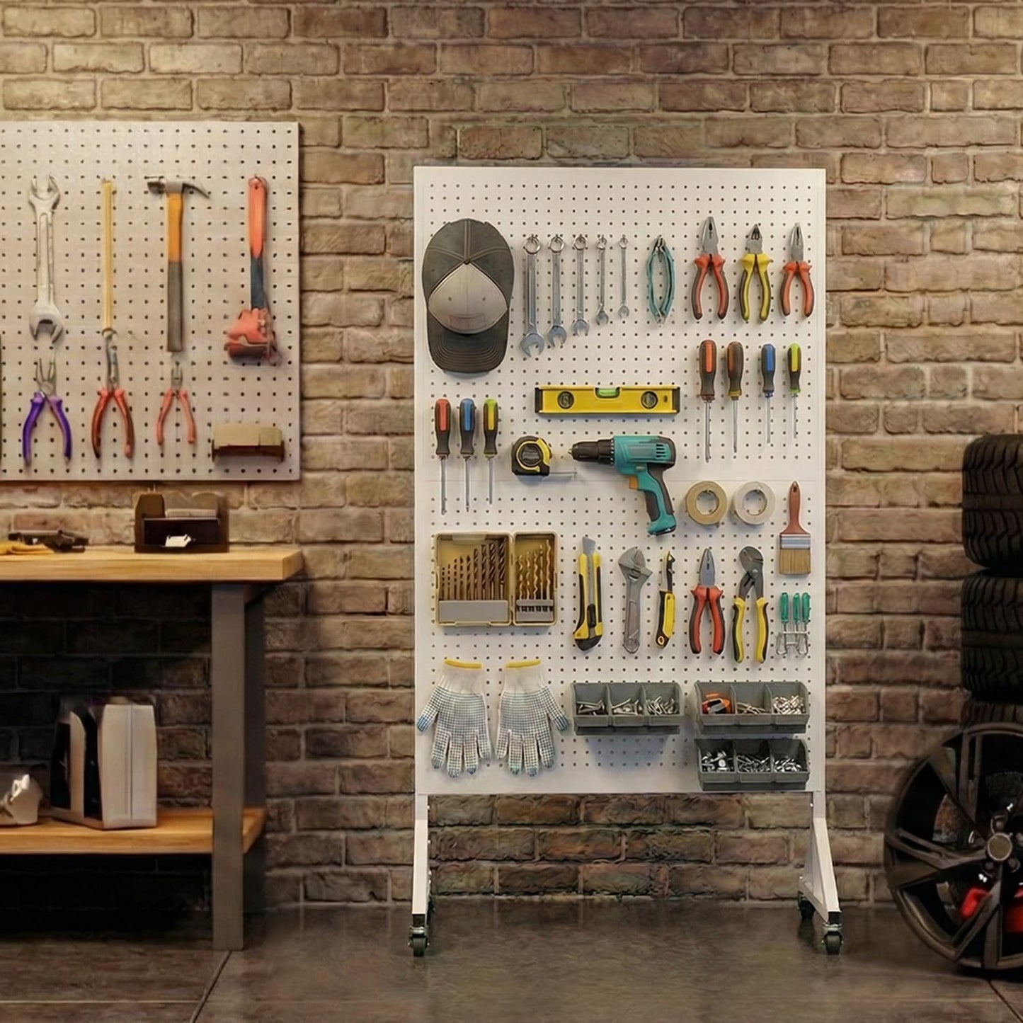Giklux Metal Pegboard Display Stand 3.5 x 5.5 Feet, Adjustable Height with 40 Peg Board Hooks and Wheels, Pegboard Display Rack, Craft Display Rack, Retail Display Rack, Garage Peg Board