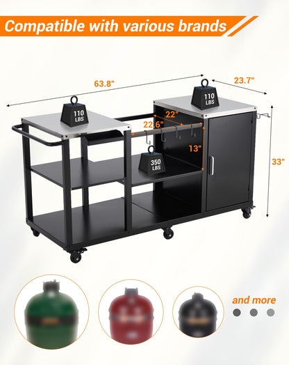 Grill Cart for Big Green Egg Style BBQ, Heavy Duty Metal Outdoor Grill Station Prep Table with Storage,BBQ Prep Table with Stainless Steel Top, Storage Cabinet, Outdoor Kitchen Island
