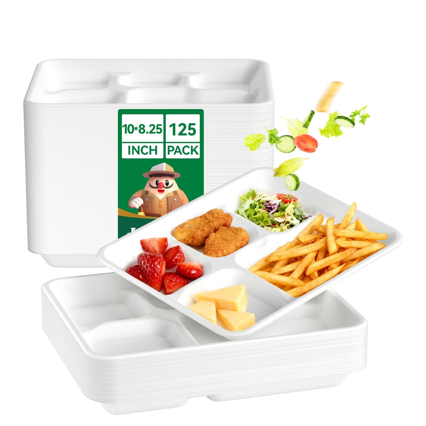 JOLLY CHEF Compostable 𝟱 Compartment Paper Plates 10*8.25*1 𝗶𝗻𝗰𝗵 [𝟭𝟮𝟱 𝗣𝗮𝗰𝗸] Small Heavy Duty Divided Disposable White Eco-Friendly Biodegradable Food Tray for School Lunch Dinner Christmas