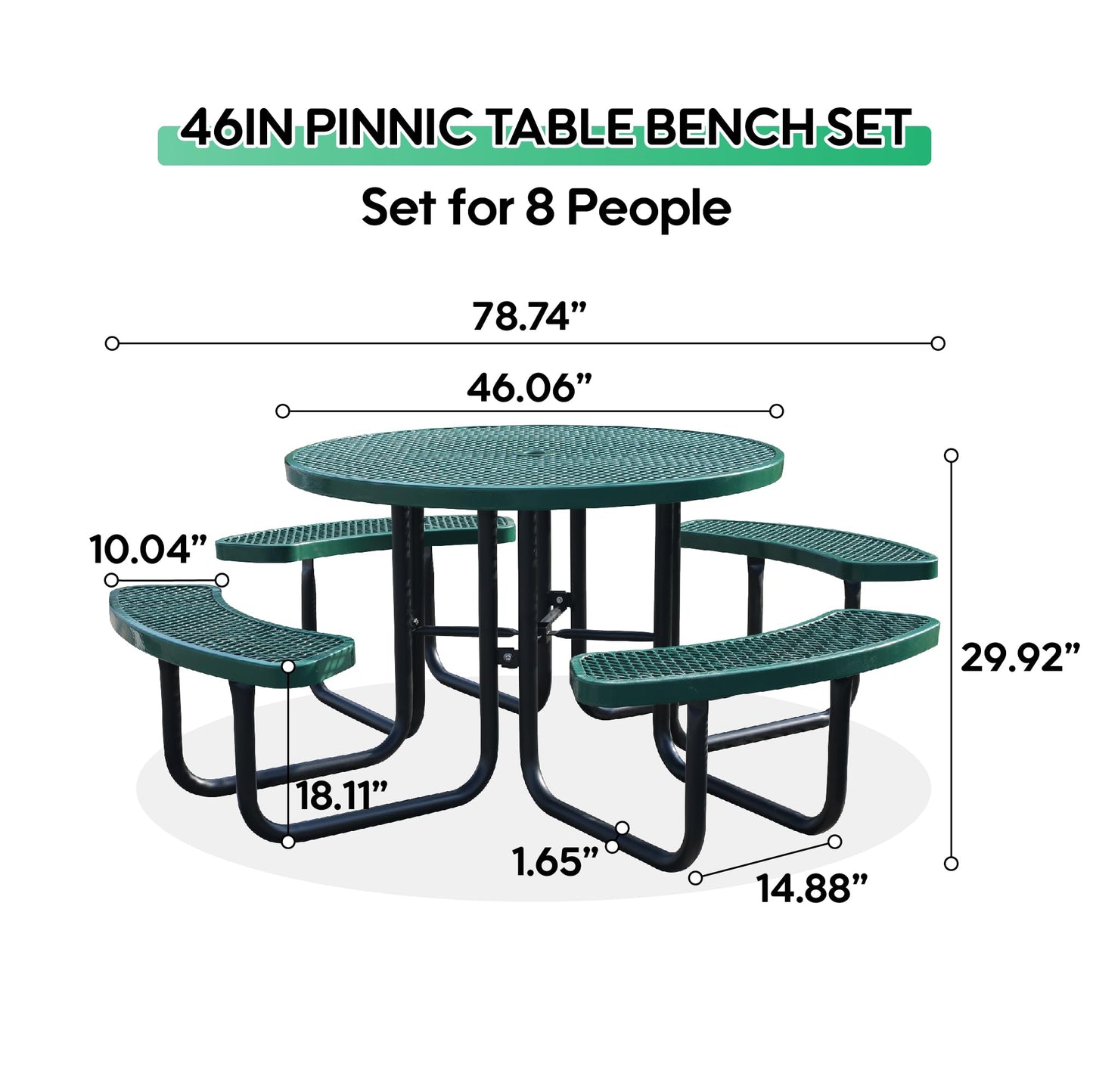 Sunnibety 8-Person Picnic Tables for Outdoors, Industrial 46" Expanded Metal Round Picnic Table with 4 Benches & Umbrella Hole, Outside Table and Bench Set for Park, Garden, Backyard, Patio, Green