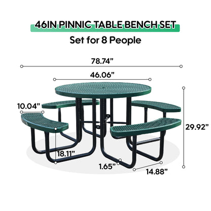 Sunnibety 8-Person Picnic Tables for Outdoors, Industrial 46" Expanded Metal Round Picnic Table with 4 Benches & Umbrella Hole, Outside Table and Bench Set for Park, Garden, Backyard, Patio, Green