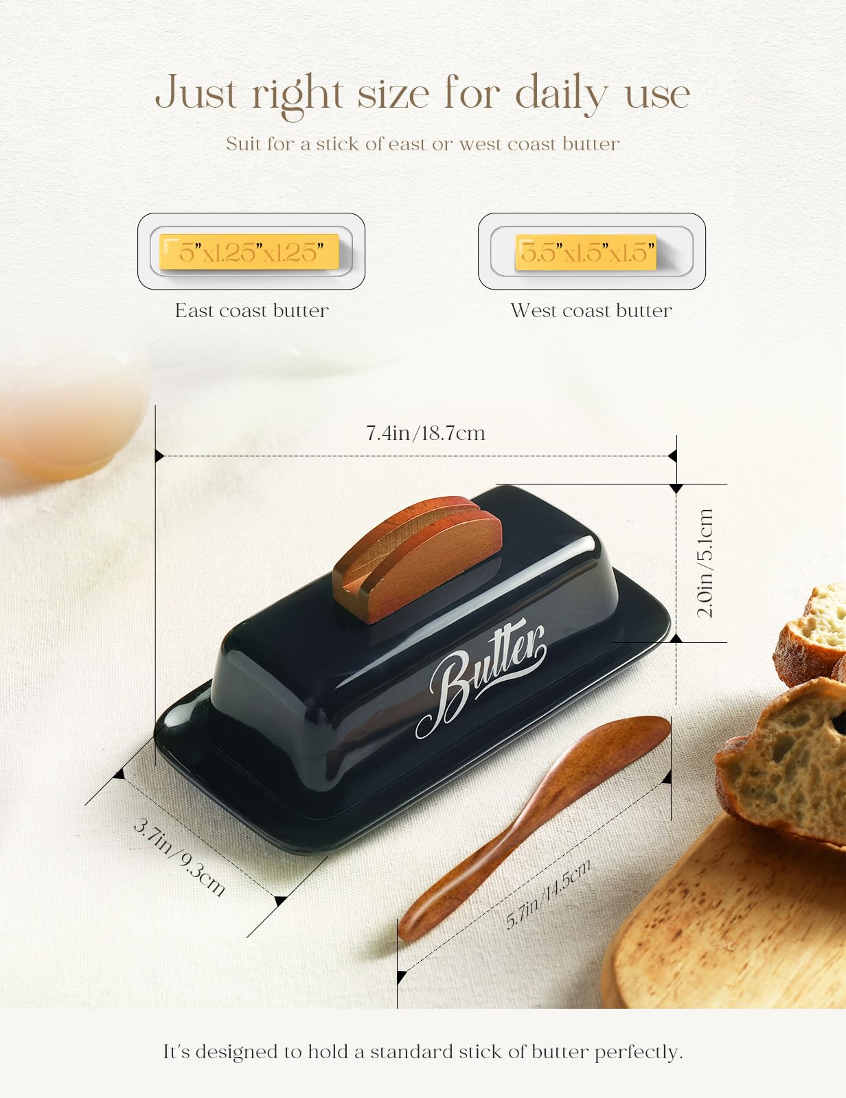 Black Butter Dish with Lid and Knife，Black Butter Tray，Ceramic Butter Holder for Counter Humanized Clamp-able Knife Handle Design Perfect for East West Coast Butter