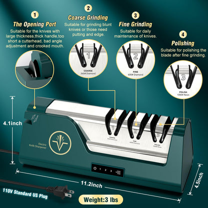 Professional Electric Knife Sharpener with 100% Diamond Abrasives & Precision Angle Guides, 3-Speed Variable 4-Stage Open Touch-Screen Knife Sharpener for Straight, Serrated Edges, Scissors & Axes