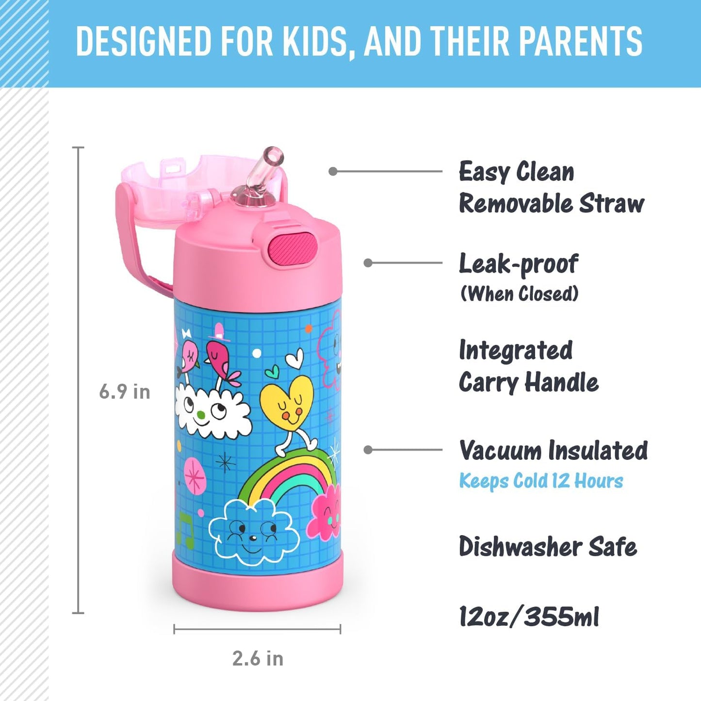 THERMOS FUNTAINER Water Bottle - 12 Ounce Stainless Steel, Vacuum Insulated with Straw for Kids | Sketchbook Design