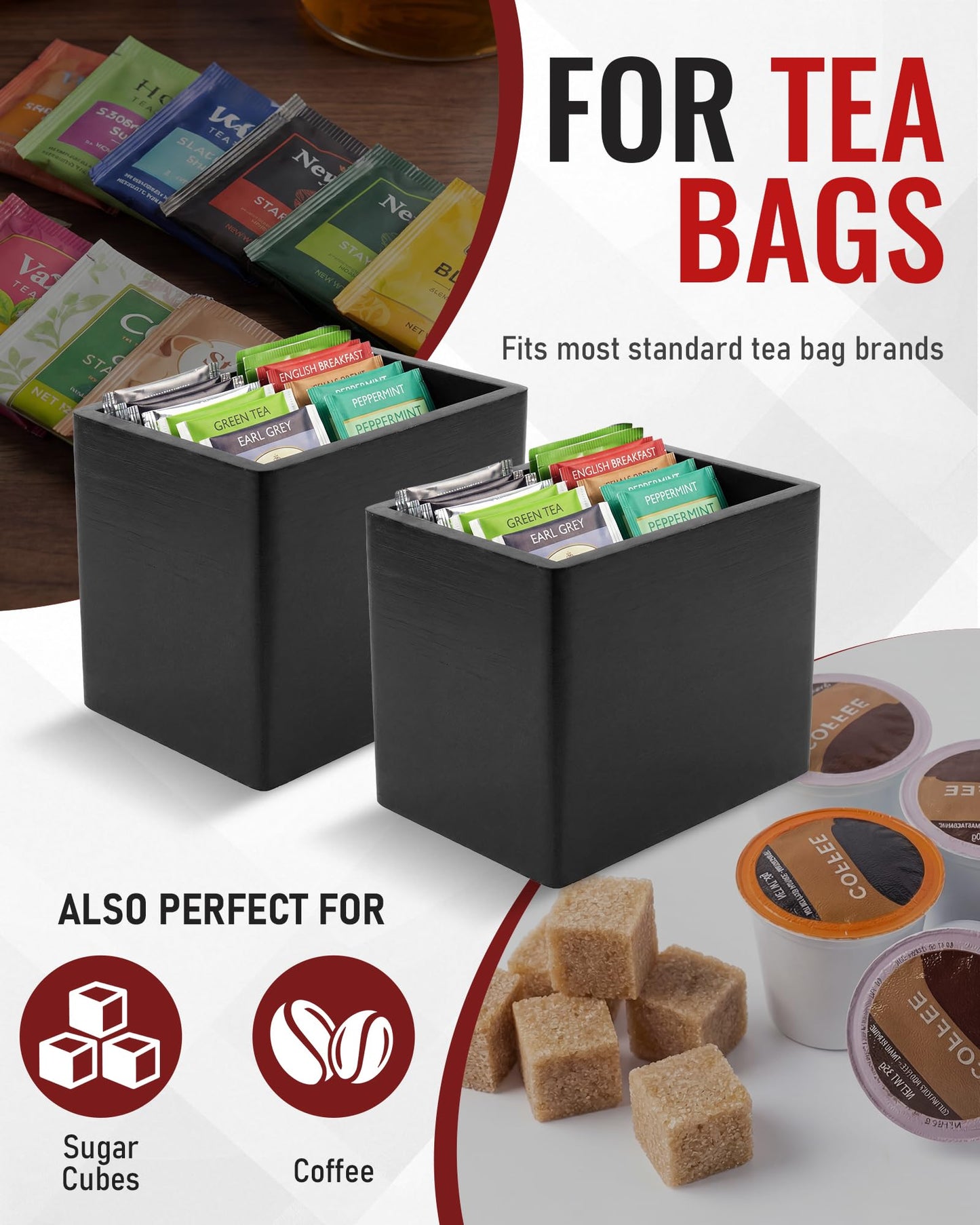 Tea Drawer Organizer for Tea Bags and Coffee Bar Supplies Black Wooden Tea Box with 4 Pull Out Drawers for Countertop Pantry Breakroom and Kitchen Tea Station