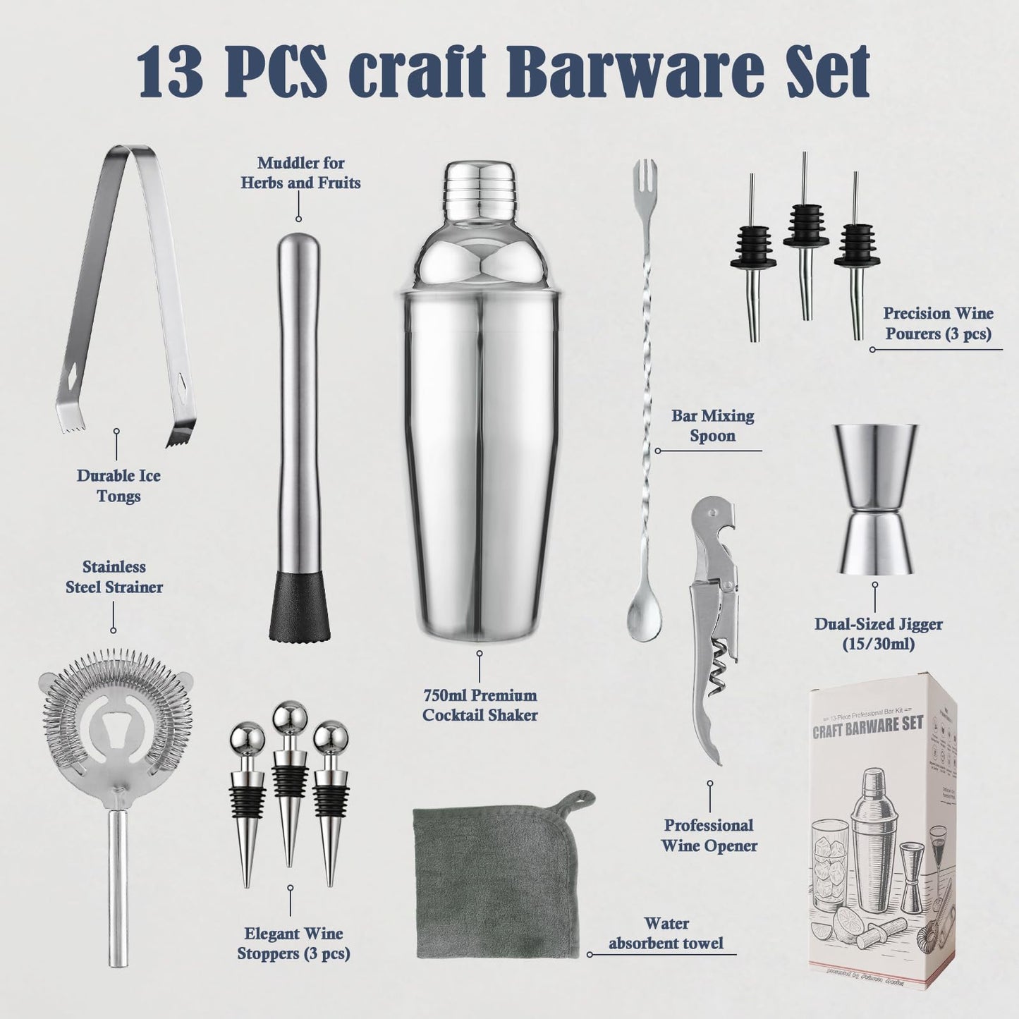 Primero Basics 13-Piece Bartender Kit Bar Tool Set – Boston Cocktail Shaker Set with Muddler,Strainer,Jigger,Spoon–Home Bar Accessories and Drink Mixer Gift for Bartesian,Housewarming, Bar Cart Decor
