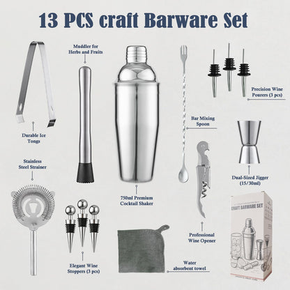 Primero Basics 13-Piece Bartender Kit Bar Tool Set – Boston Cocktail Shaker Set with Muddler,Strainer,Jigger,Spoon–Home Bar Accessories and Drink Mixer Gift for Bartesian,Housewarming, Bar Cart Decor