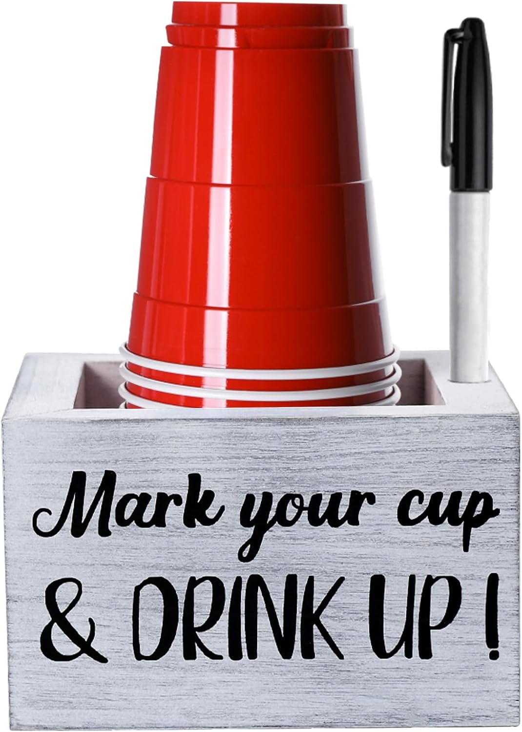 Disposable Cup Holder with Marker Slot, Wooden Cup Organizer for Farmhouse Rustic Bar, Wedding Party Decor