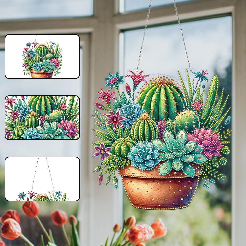 Sulunmo Diamond Art Hanging Kit, Acrylic Diamonds Art Painting Pendant for Adults, DIY Gem Painting Board Kit for Window Door with Crystal Drills(Cactus Pot-184)