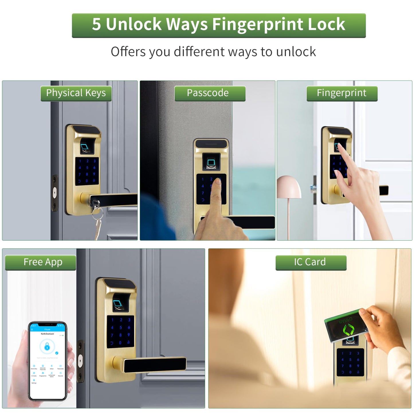 Harfo Smart Door Lock, Heavy Duty 5 in 1 Keyless Entry Door Lock, Full App Control Digital Keypad Lock, Reversible Handle with Fingerprints and Passcodes for Family/Office/Apartment (Gold)