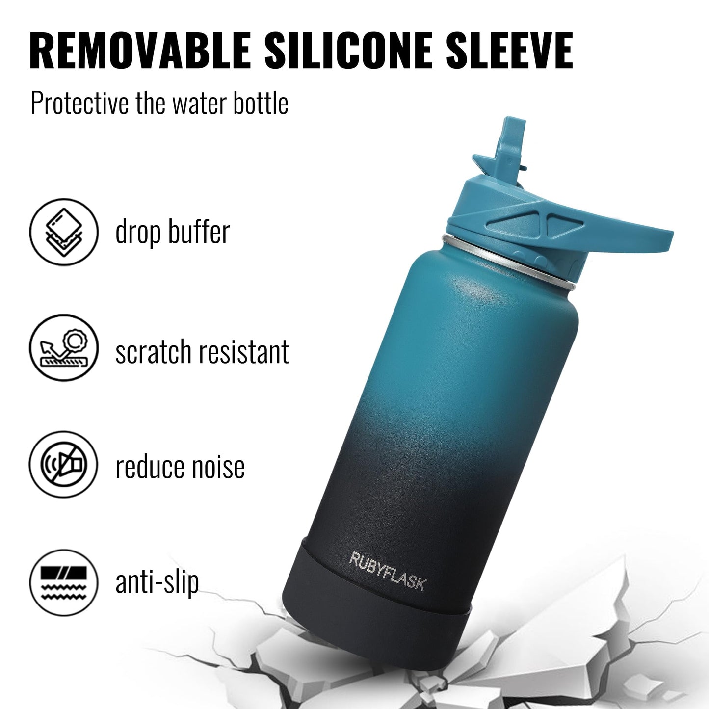 RUBYFLASK 40oz Insulated Water Bottle with Straw, Stainless Steel Metal Vacuum Water Flask, Large Thermal Water bottle with Leakproof 3 Lids for Travel, Camping, Gym Sports Indigo Black