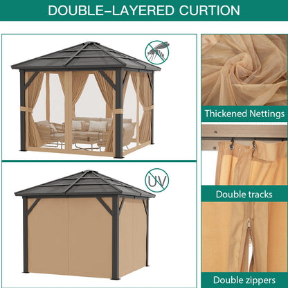 GAOMON 10x12ft Gazebo, Hardtop Outdoor Canopy Aluminum Frame Permanent Gazebo with Netting and Curtains, Polycarbonate Garden Tent for Patio, Lawn, Backyard, Deck (10'x12')
