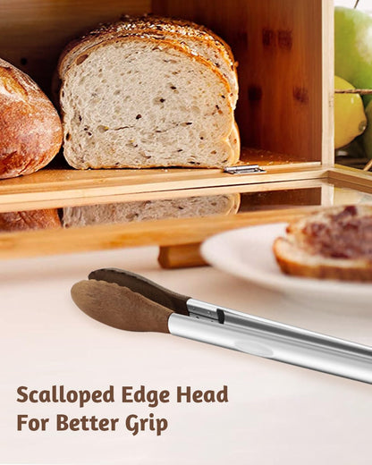 Bakpoco 10 & 13 Inch Wooden Tongs for Cooking, Kitchen Stainless Steel Salad Tongs with Walnut Wood Tip, Serving Food Toaster Bread Non Toxic Grill Tong, Smooth Locking & Hanging Cooking Utensils Set