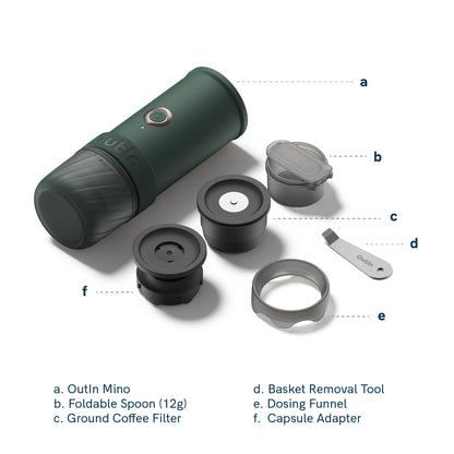 OutIn Mino Portable Electric Espresso Machine, Mini Camping Coffee Maker for Travel, Pocket Sized Coffee Machine Self-Heating, Ground Coffee & NS Capsule Adapter For Adventure