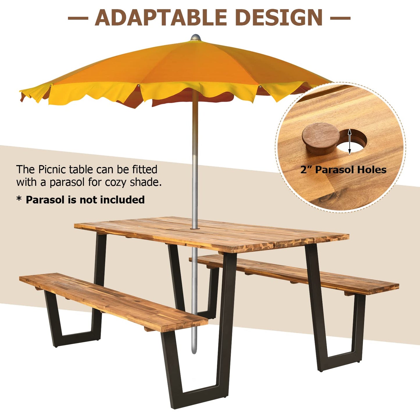 S AFSTAR 70" Outdoor Picnic Table, Heavy Duty Wooden Table and Bench Set with Umbrella Hole, All-Weather Acacia Wood Picnic Tables for 6, Garden, Backyard, Porch, Patio