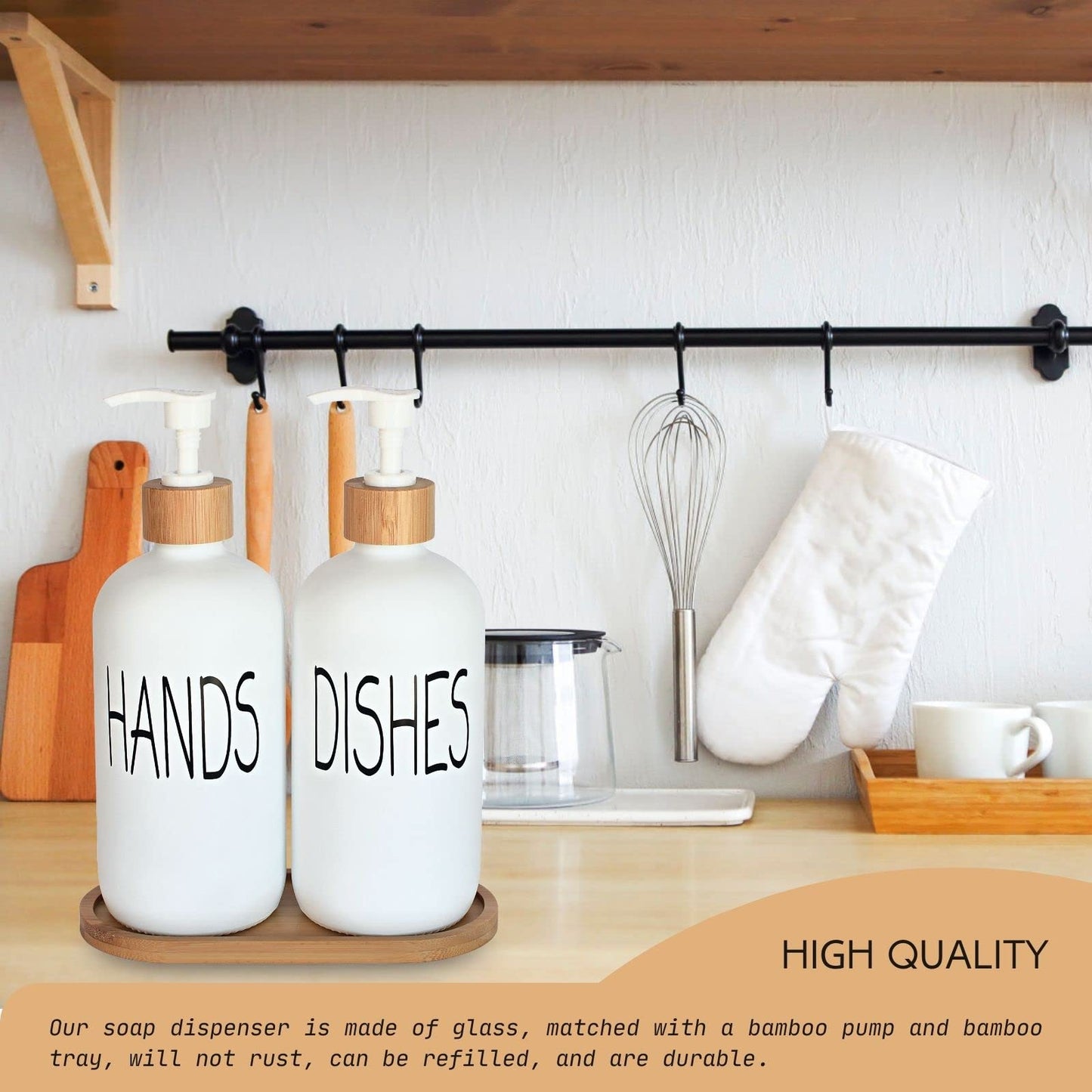 Glass Soap Dispenser Set - Hand Soap and Dish Soap Dispenser with Bamboo Tray. Vintage Soap Dispenser with Pump for KitchenKitchen Drain Outlet and Bathroom. Stylish Permanent Labels (Matte White)