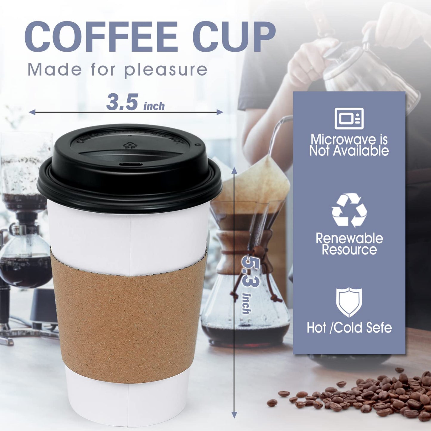 Ginkgo [100 Pack 16 oz Disposable Coffee Cups with Lids and Sleeves - To Go Coffee Cups for Hot Drinks, Chocolate, Cocoa and Coffee Bar
