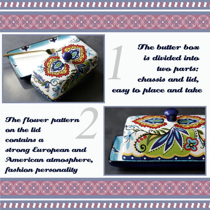 Ceramic Butter Dish with Lid Bohemia Hand Drawn Butter Plate Tray with Cover for Cheese Vintage Cheese Container Holder European-Style Butter Keeper for Home Kitchen 7.9 x 4.5 x 3.1 Inches (1)