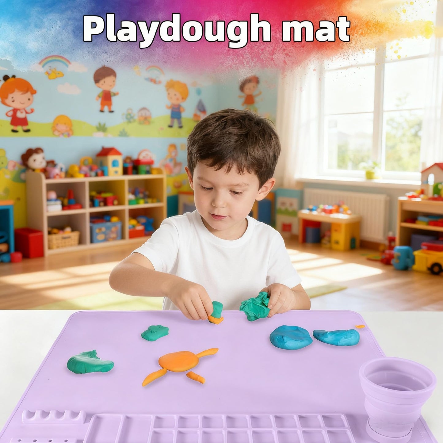 YESCOO Silicone Painting Mat, 20"X16" Craft Mat,Large Art Mat with Built in Cup and Paintbrush Holder, Nonslip Clay Mats, Color Dividers Silicone Mats for Painting, Table, Resin and DIY Purple