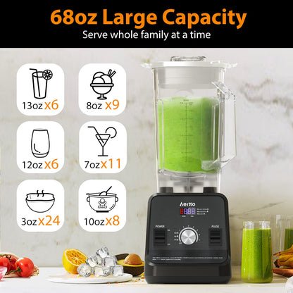 Aeitto Blender for Kitchen, 68 Oz Large Capacity Professional Countertop Blender, 1500-Watt Smoothie Blender for Ice Crush, Frozen Drinks, Black