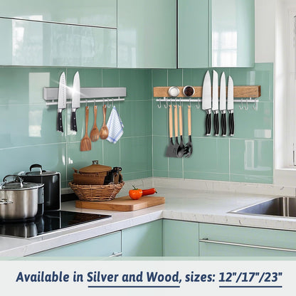 17 Inch Magnetic Knife Holder for Wall - Stainless Steel Knife Magnetic Strip No Drill with 10 Hooks/Adhesive Tape/Screws, Kitchen Utensil Holder, Magnetic Knife Organizer, Wall Mounted Knife Storage