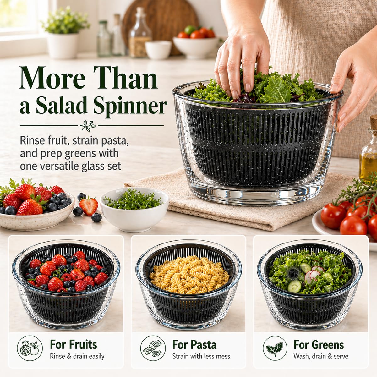 LYTYCJD Large 5.2 Qt Glass Salad Spinner Vegetable Dryer with Drain Microwave Safe Dishwasher Safe with Transparent Lid Crank Handle Quick Spin Greens Washer for Lettuce Herbs Fruits (black)