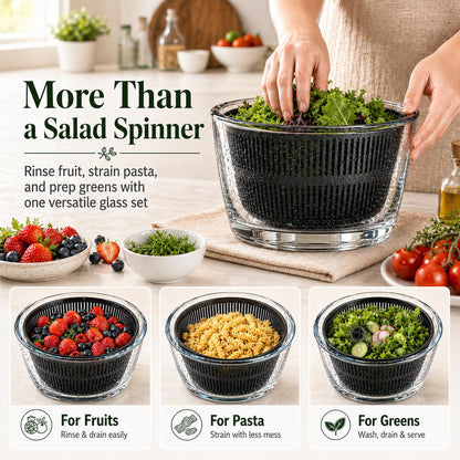 LYTYCJD Large 5.2 Qt Glass Salad Spinner Vegetable Dryer with Drain Microwave Safe Dishwasher Safe with Transparent Lid Crank Handle Quick Spin Greens Washer for Lettuce Herbs Fruits (black)