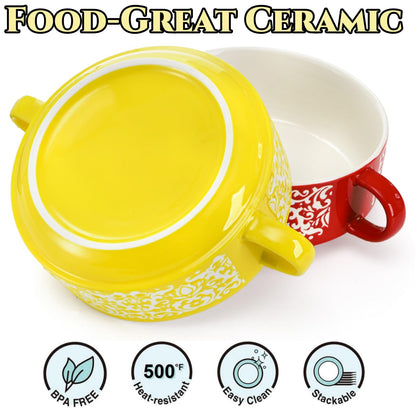 Acshio Set of 4 French Onion Soup Bowls with Handles, 20 Oz Ceramic Multicolor Soup Bowls with Organizer Rack, Stackable Soup Serving Crock for Beef Stew, Pasta, Cereal, Pot Pies