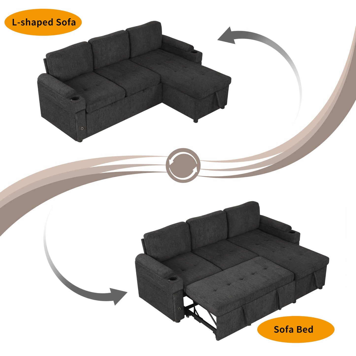 Merax Modern 83.5" L-Shaped Sectional Sofa with Pull-Out Sleeper Bed, USB Ports & Cup Holders, Chenille 3-Seat Couch with Storage Chaise Lounge, Side Pocket & Drawers for Living Room, Black