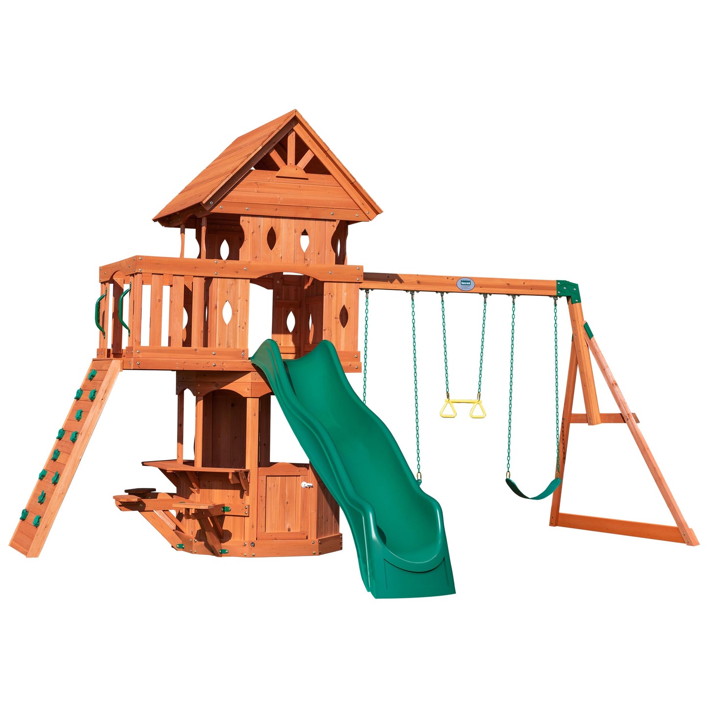 Backyard Discovery Woodland Cedar Wood Swing Set with Wave Slide, Clubhouse, Rock Wall, Snack Bar Station, Benches, Belt Swings, Trapeze, Half Door, Balcony, Step Ladder, Outdoor Playset